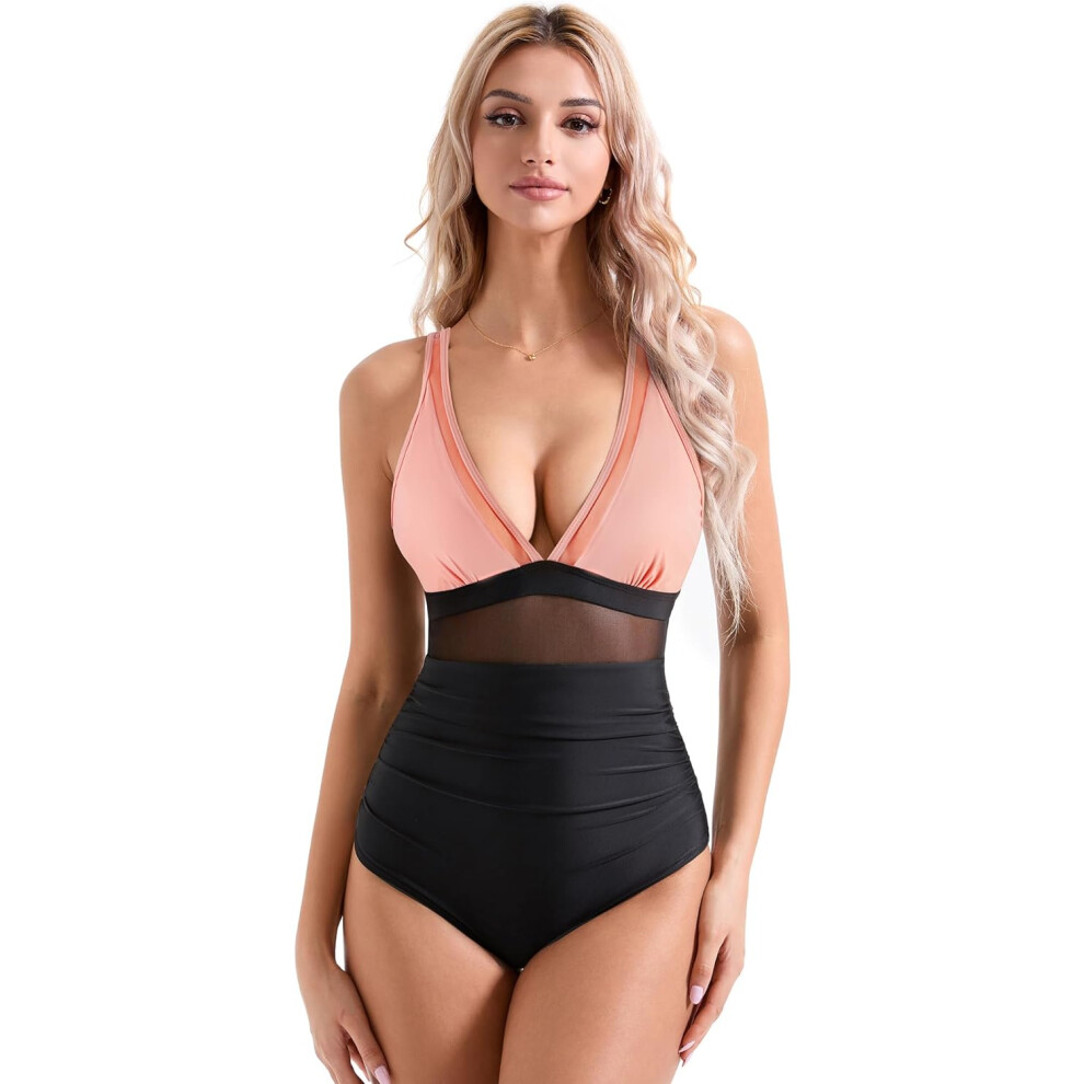 Small 10 Pink Black SUUKSESS Women Sexy Mesh Tummy Control Swimsuit Push Up High Waisted Bathing Suit on OnBuy