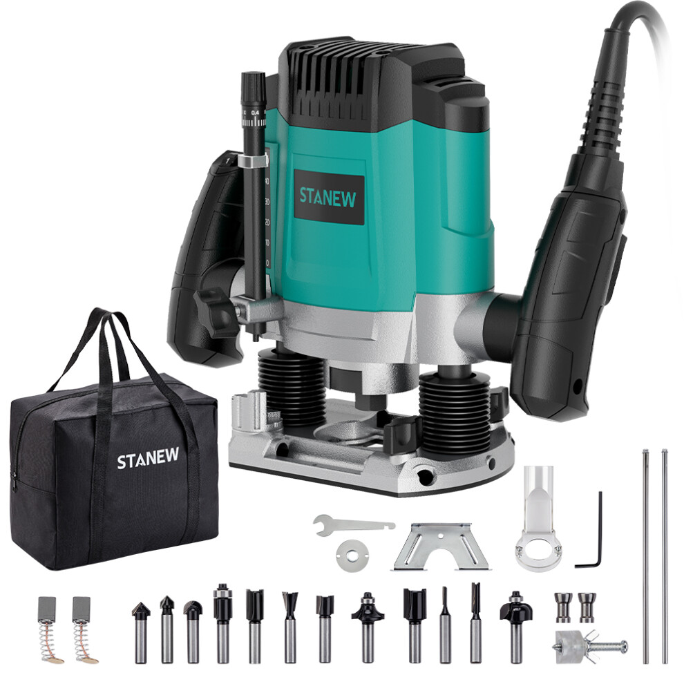 STANEW Router 1200 W 16000-30000 RPM,Professional Vertical Fresatrice with Set of 12 Cutters, 6 speeds, Routing Depth Adjustment.