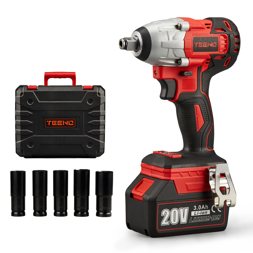 (One Battery) TEENO 20V Brushless Lithium-Ion Impact Wrench 3.0Ah Batteries, Charger, 3pcs Sockets, 1/2 Inch, 320NM