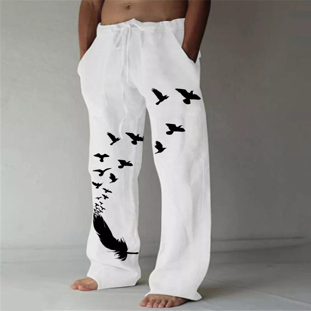 (White, L = 40) Mens Cotton Linen Harem Pants Trousers Drawstring Baggy Yoga Sports Gym Joggers