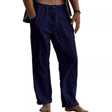 (Blue, 4XL = 44-46) Mens Cotton Linen Loose Trousers Plain Casual Baggy Summer Beach Drawstring Pant