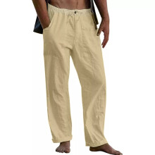 (Khaki, 4XL = 44-46) Mens Cotton Linen Loose Trousers Plain Casual Baggy Summer Beach Drawstring Pant