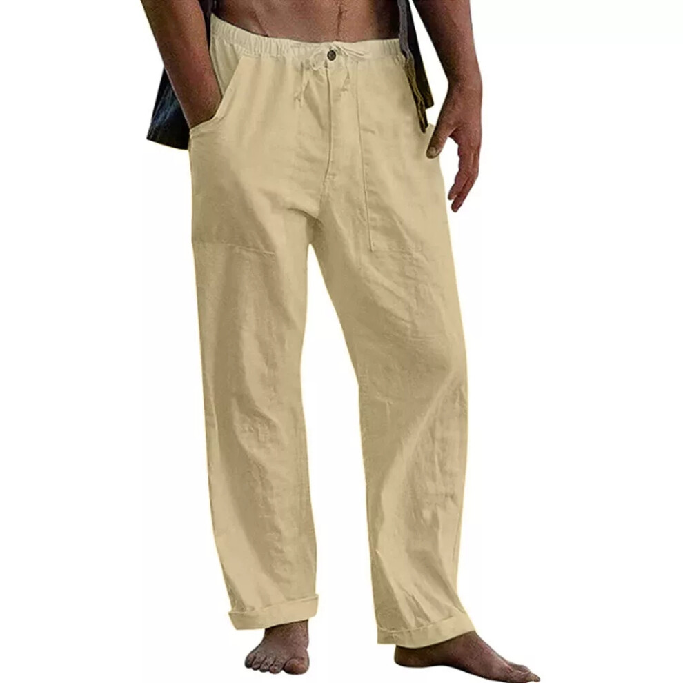 (Khaki, 3XL = 42-44) Mens Cotton Linen Loose Trousers Plain Casual Baggy Summer Beach Drawstring Pant