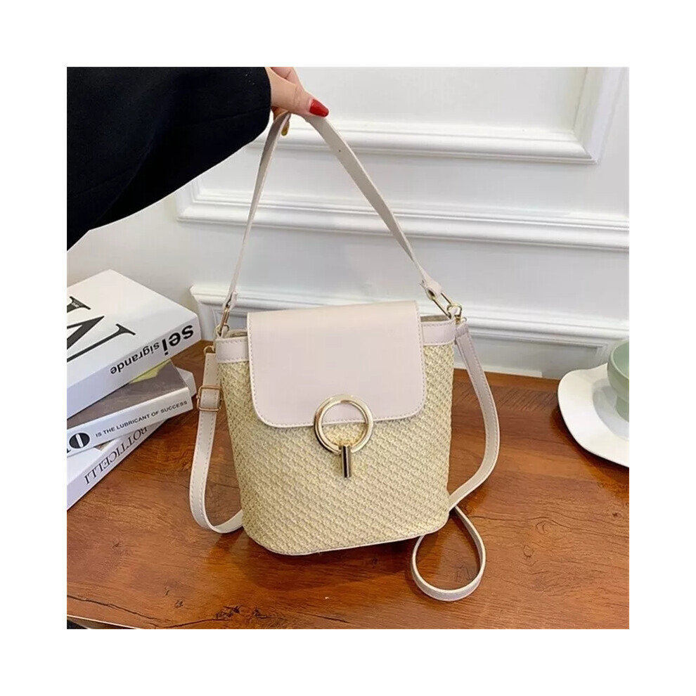 (White) Women Wicker Handbag Totes Beach Straw Bucket Summer Bag Shoulder