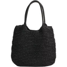 (Black) Women Straw Bag Tote Bag Woven Shoulder Bag Beach Handbag for Travel Vocation