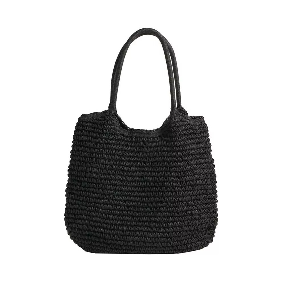 (Black) Women Straw Bag Tote Bag Woven Shoulder Bag Beach Handbag For Travel Vocation Black
