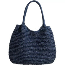 (Blue) Women Straw Bag Tote Bag Woven Shoulder Bag Beach Handbag for Travel Vocation