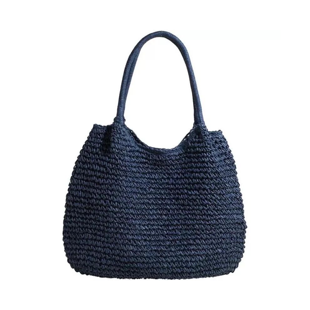 (Blue) Women Straw Bag Tote Bag Woven Shoulder Bag Beach Handbag For Travel Vocation Blue