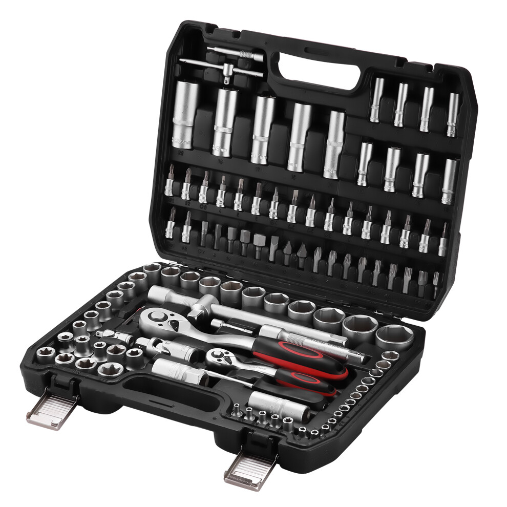 (108 Pieces) TEENO Socket Set and Bit Set Tool Case, 1/2 inch and 1/4 inch Ratchet Wrench Set (72 Teeth),Chrome Vanadium,Satin Matte, for Car Bicycle