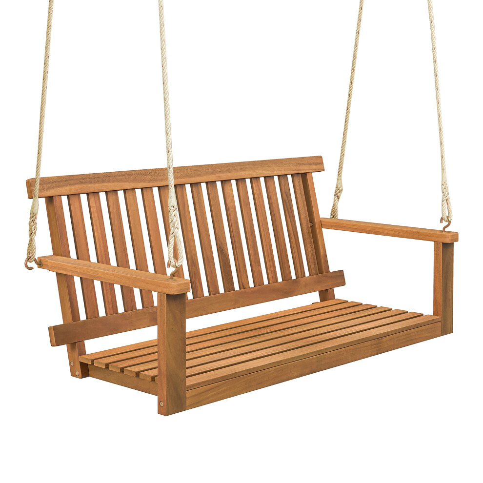 Acacia Wood Porch Swing 2-Person Patio Hanging Chair with Slatted Seat