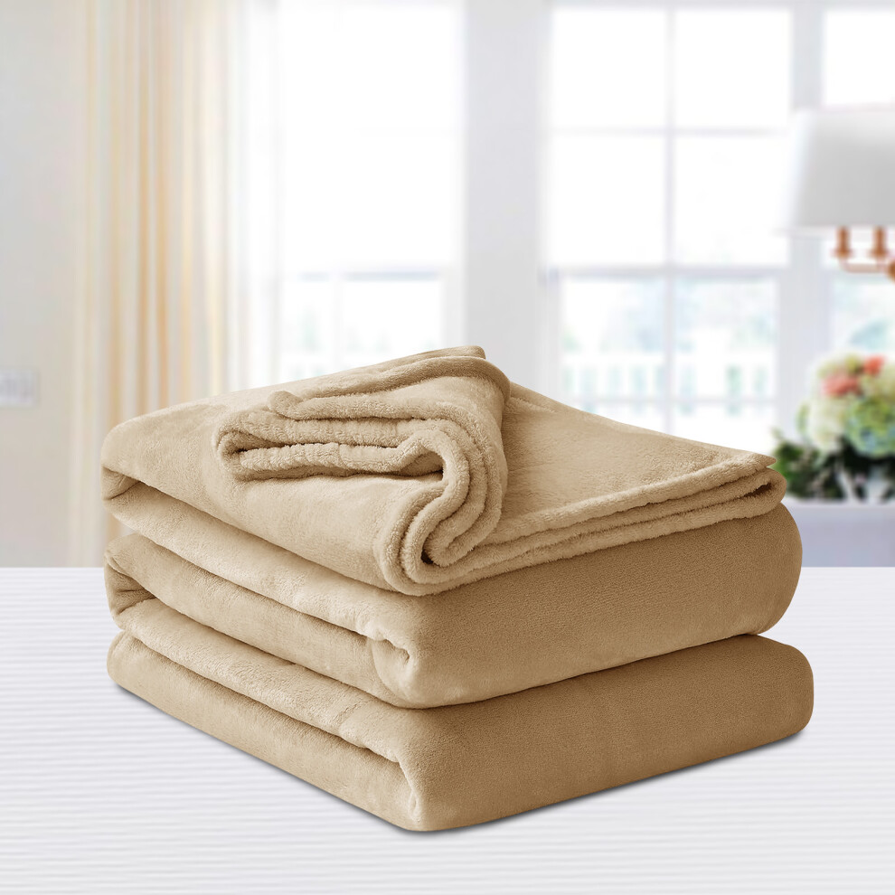 (Double, Beige Blanket) Fleece Blankets Throw Thick Warm Super Soft Bed Sofa Travel Large Faux Fur Mink Blanket Double & King