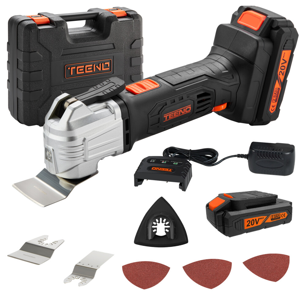 (Two Batteries ) TEENO Cordless Oscillating Multi-Tool,with 20V 2Ah Lithium-Ion,5000-18000 RPM,6 Variable Speed,3.2° Oscillation Angle,for Sawing, Cutting, Sanding