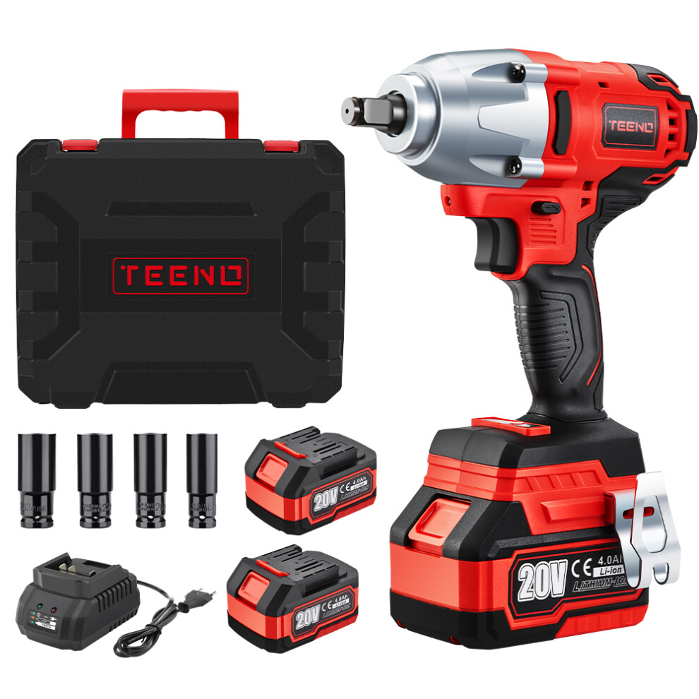 (Two Batteries) TEENO Brushless Impact Wrench,600N.m Cordless Lithium-Ion Impact Wrench 4.0Ah Battery,Carry Box for Car Home,4pcs Sockets