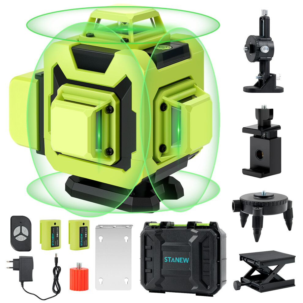 STANEW 4 x 360Â° Laser Level,Self-Leveling,4D 16 Line Green Laser Line Horizontal and Vertical with Integrated Remote Control Rechargeable Battery