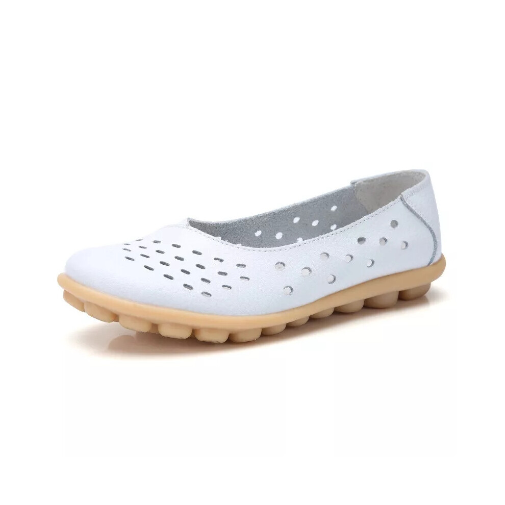(White, 6) Summer Leather Womens Moccasins Pumps Ladies Flats Shoes Loafers Comfy