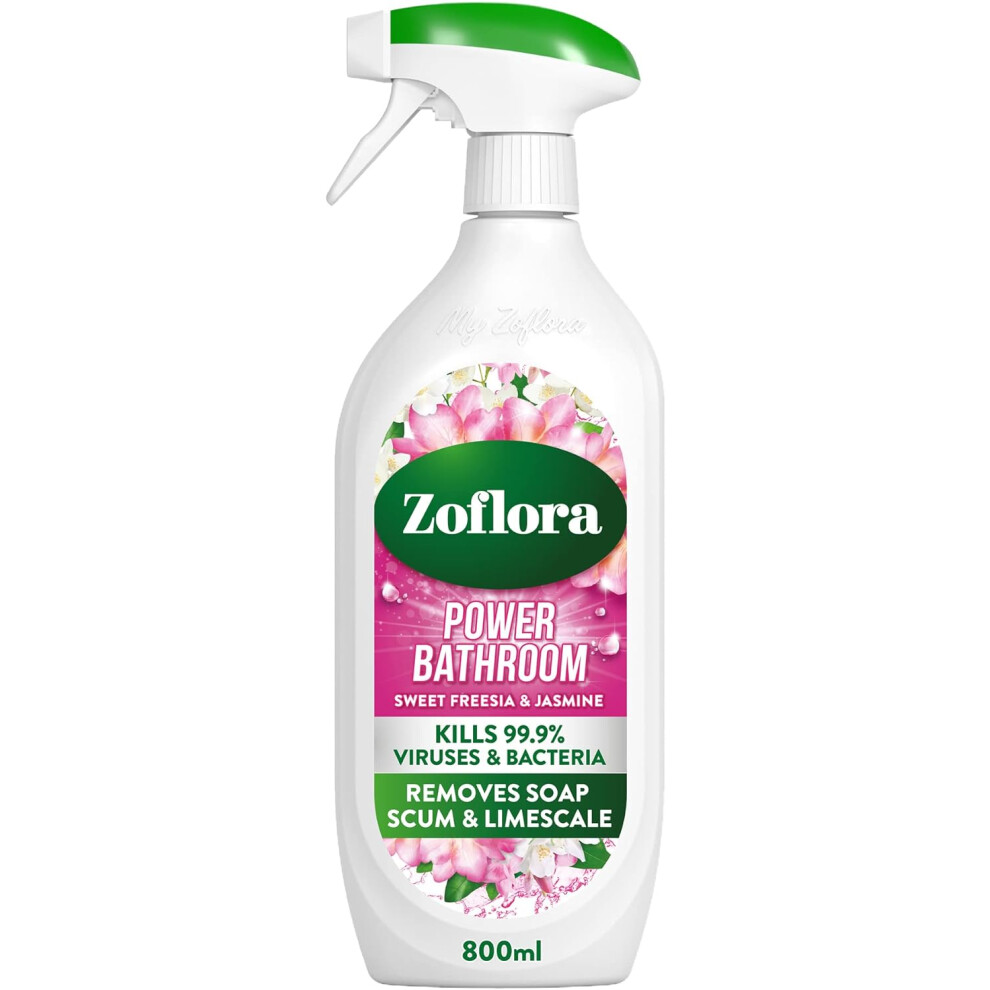 Zoflora Sweet Freesia & Jasmine Power Bathroom Spray, Removes Limescale Prevention & Soap Scum Multipurpose Bacteria  Cleaner 1 x 800ml