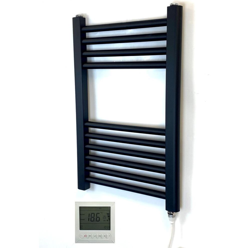 400W X 600H Black Electric Heated Towel Rail + 7 Day Timer/Thermostat 615625583496