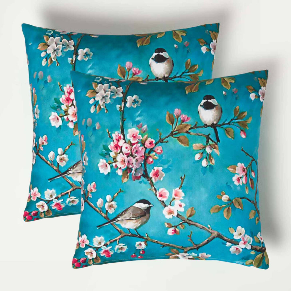 HOMESCAPES Blue Bird Outdoor Cushion 45 x 45 cm, Set of 2