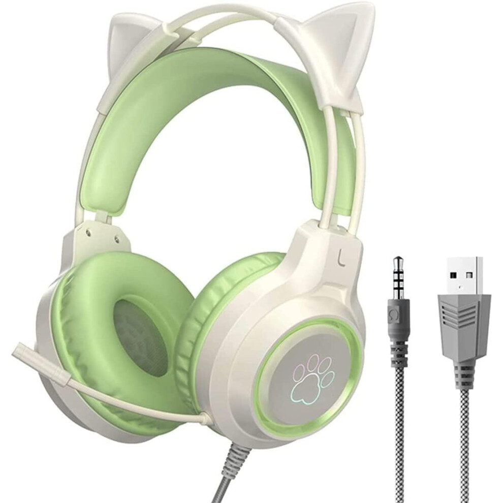 (Green) Gaming headset with detachable cat ears, 3.5mm wired headset with adjustable microphone, expandable padded headband, noise reduction-image-OPC-PDYWTNM-NEW