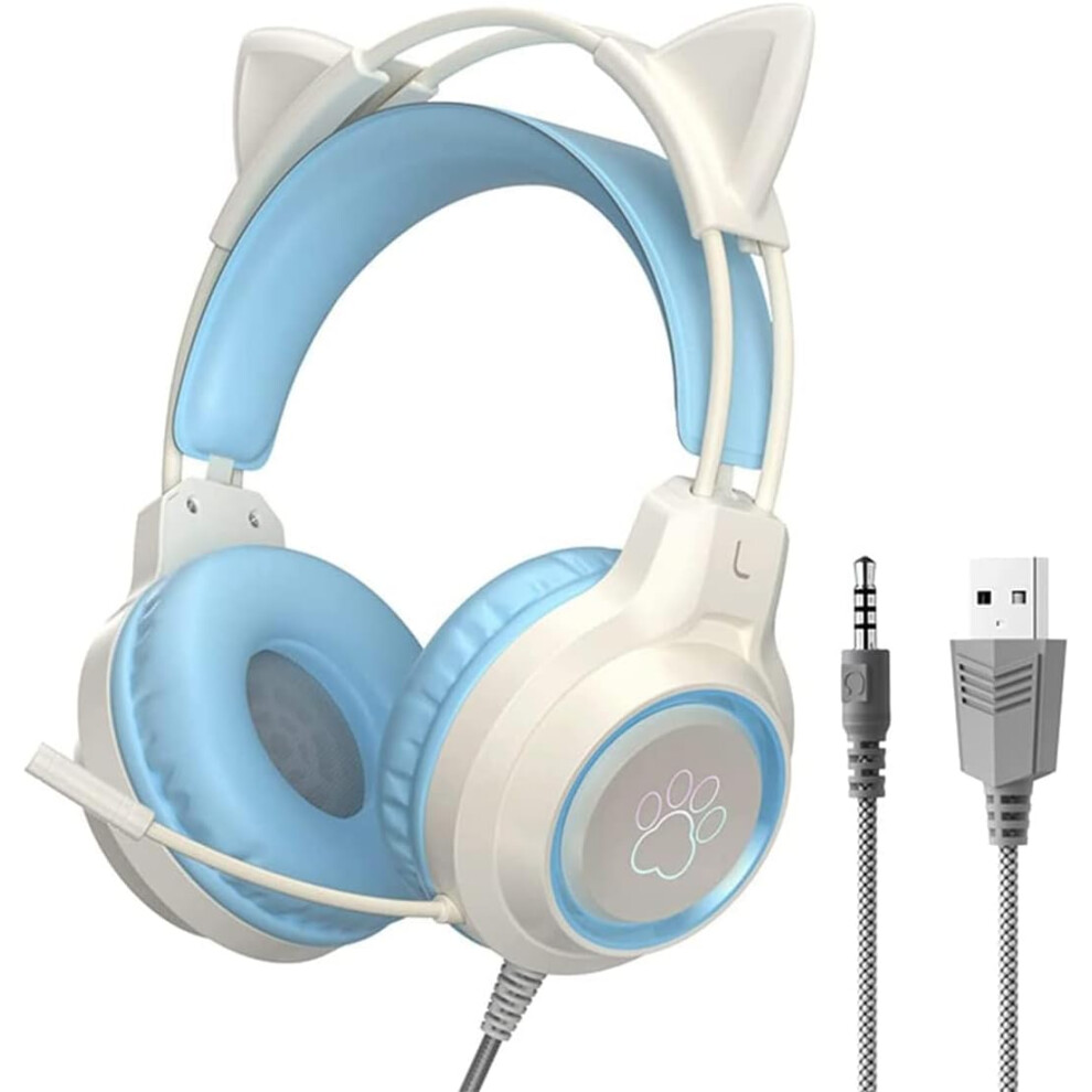 (Blue) Gaming Headset With Detachable Cat Ears, 3.5Mm Wired Headset With Adjustable Microphone, Expandable Padded Headband, Noise Reduction Blue 4027039437610