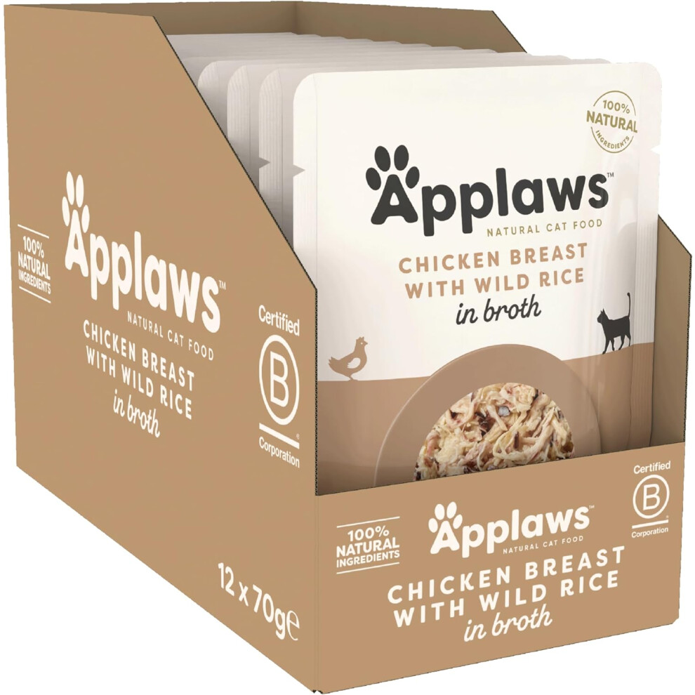 Applaws 100% Natural Wet Cat Food Pouch, Chicken with Wild Rice in Broth 70 g Pouches (Pack of 12)