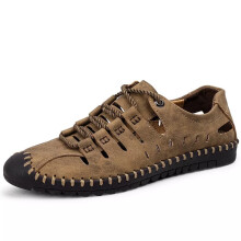 (Khaki, UK 6) Mens Leather Sandals Summer Casual Beach Shoes Closed Toe Walking Hiking Shoes*