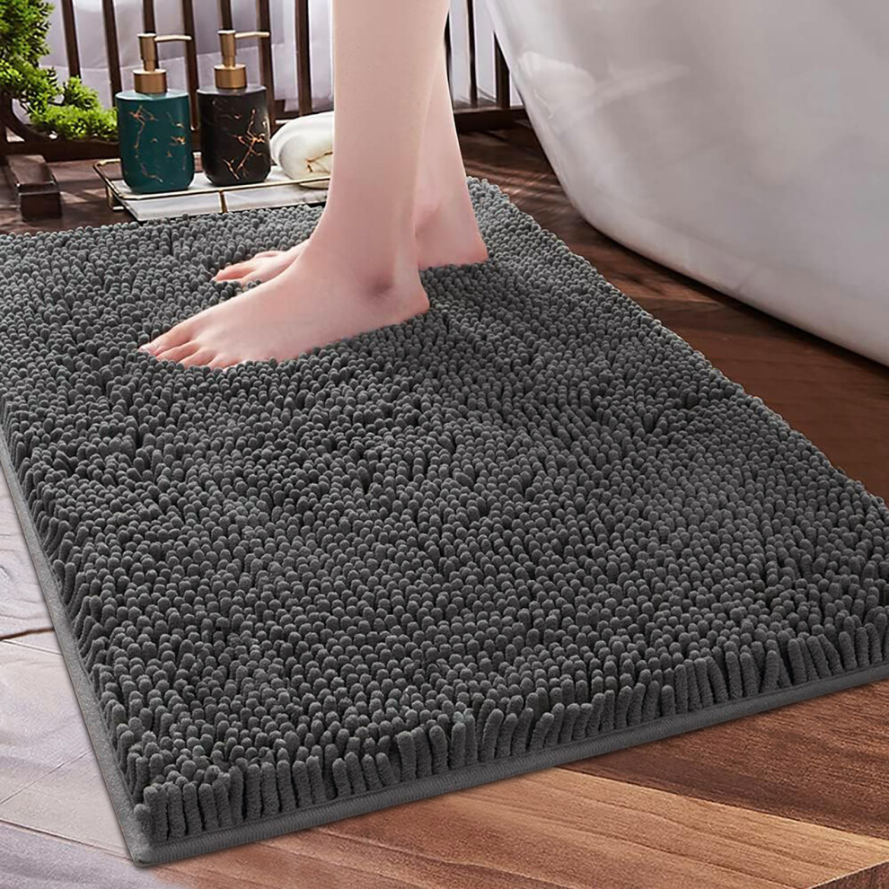 (Grey Bath Mat) Chenille Bath Mats Shower Floor Mat Bathroom Rug