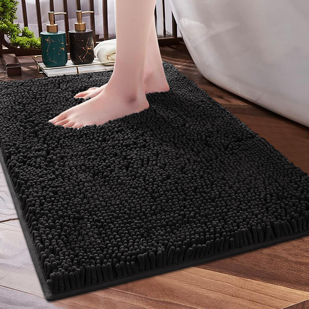 (Black Bath Mat) Chenille Bath Mats Shower Floor Mat Bathroom Rug