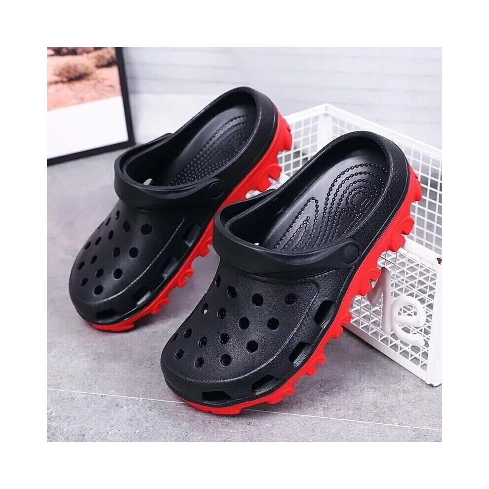 (UK 13--EU48, Black& Red) Mens Garden Clogs Slip on Mules Sandal Beach Pool Chef Hospital Size 3-14 New
