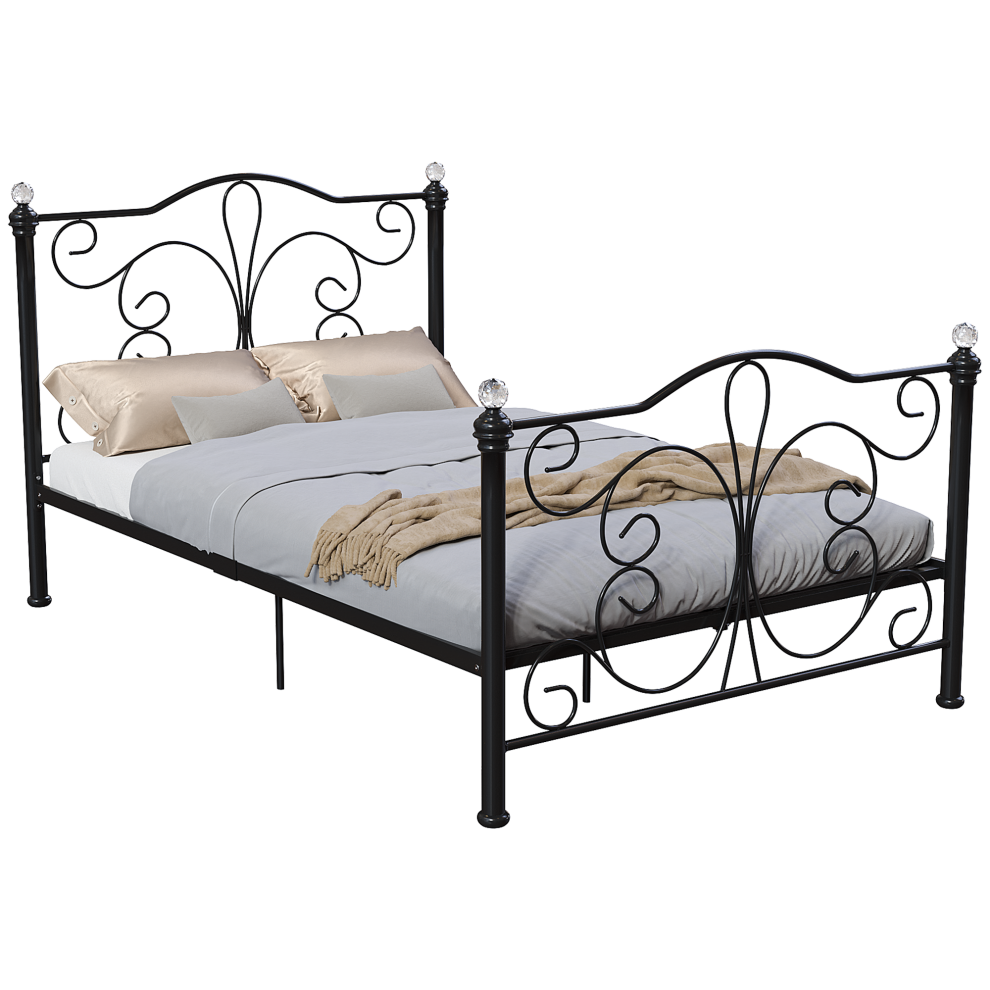 (Small Double, Black) Chicago Metal Bed Frame Crystal Finials Slatted