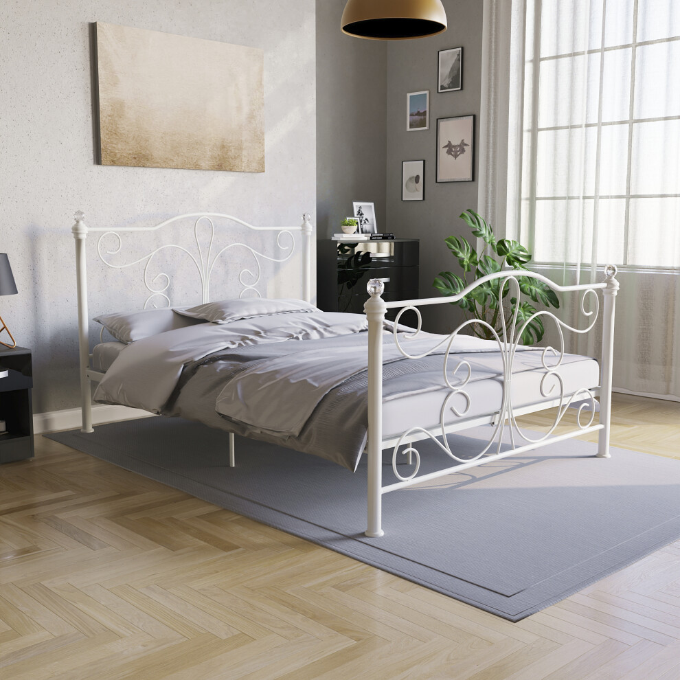 (Double, White) Chicago Metal Bed Frame Crystal Finials Slatted