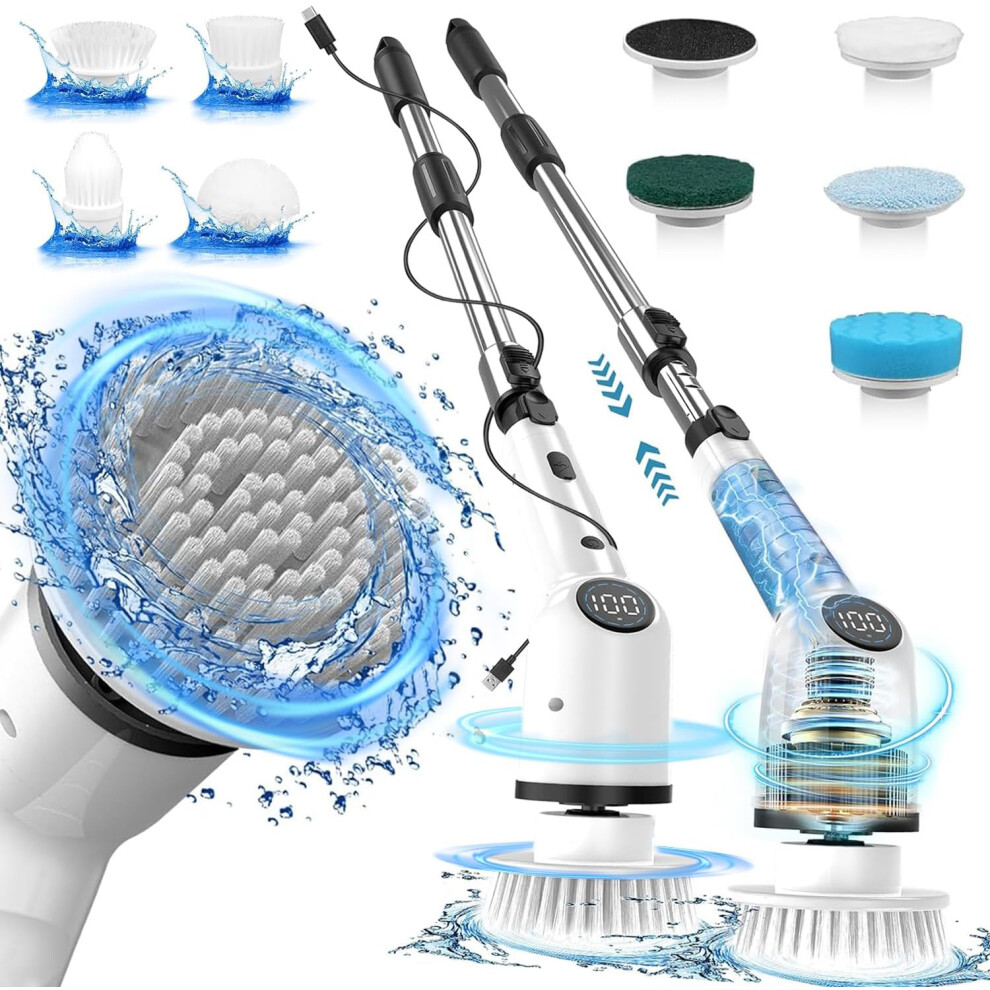 (Black) Electric Spin Scrubber With Long Handle, Cordless Bathroom Scrubber, 8 Replacement Heads, 3 Adjustable Speeds, Shower Cleaning Brush