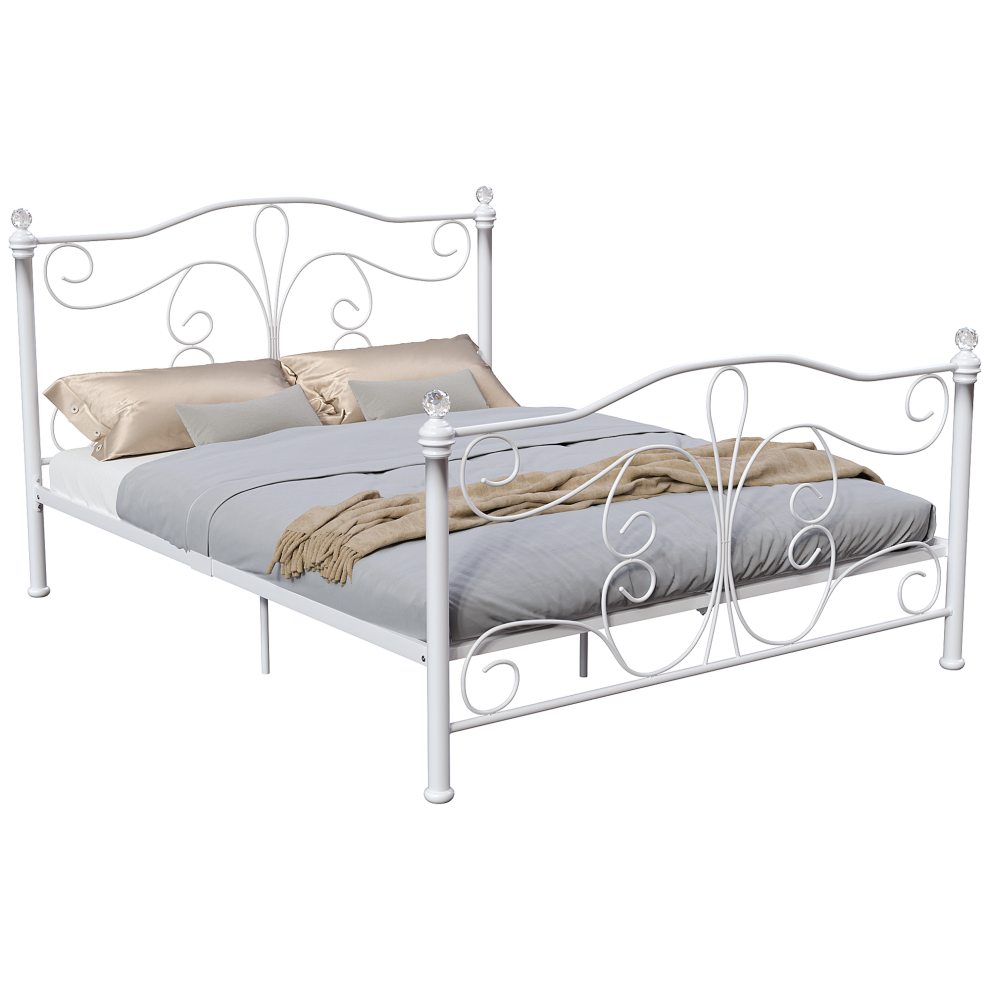 (King Size, White) Chicago Metal Bed Frame Crystal Finials Slatted