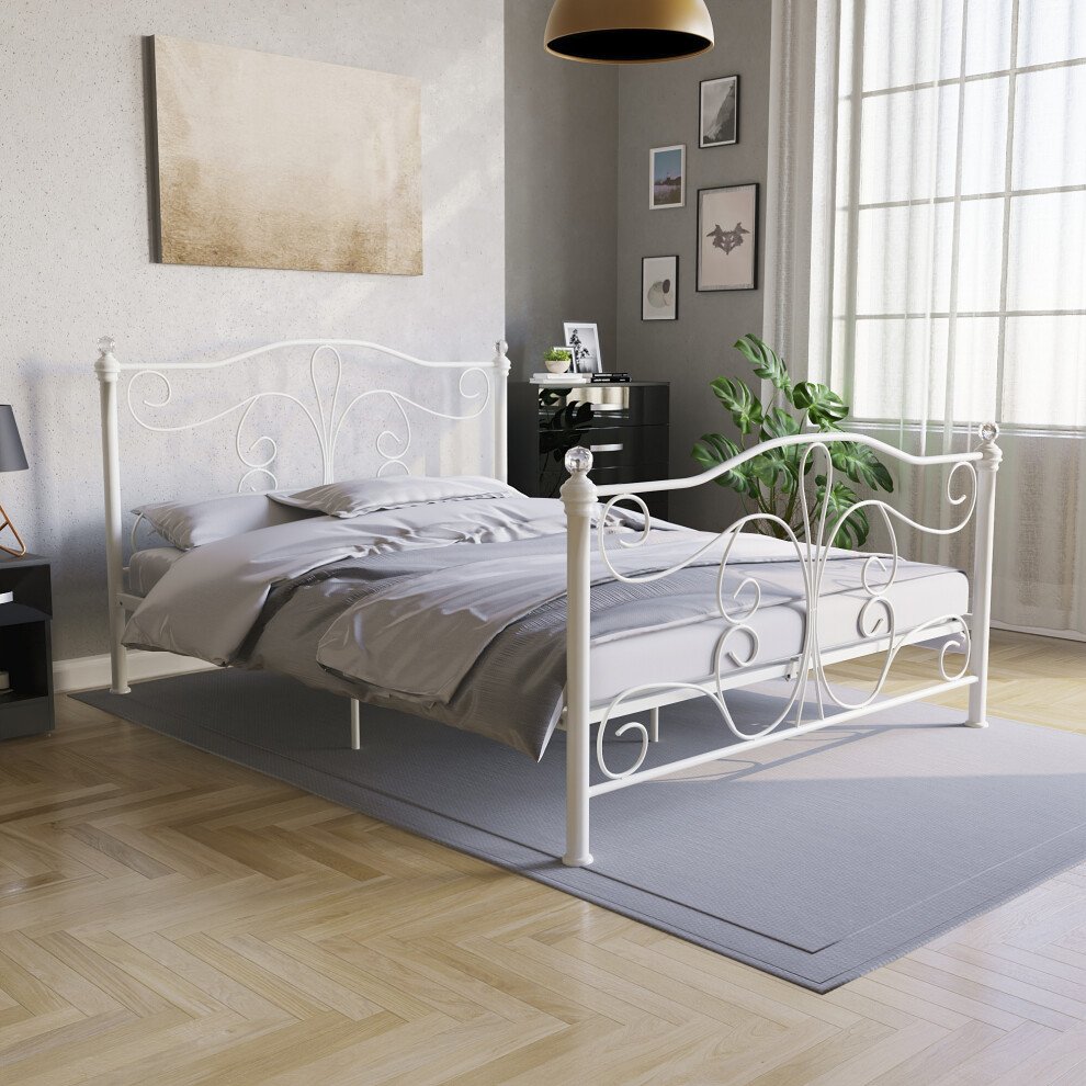 (King Size, White) Chicago Metal Bed Frame Crystal Finials Slatted