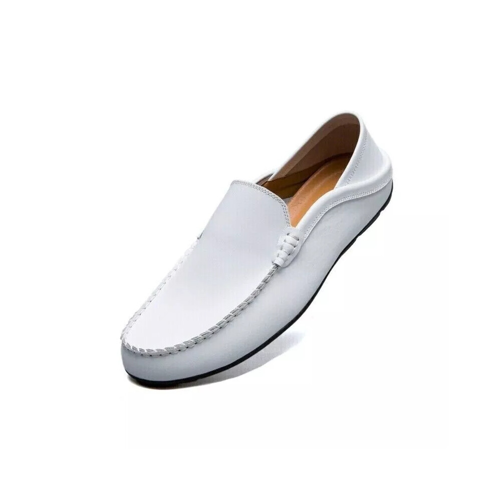 (White, UK 7 = EU 41) Loafers Mens Premium Genuine Leather Shoes Fashion Slip On Driving Shoes Casual