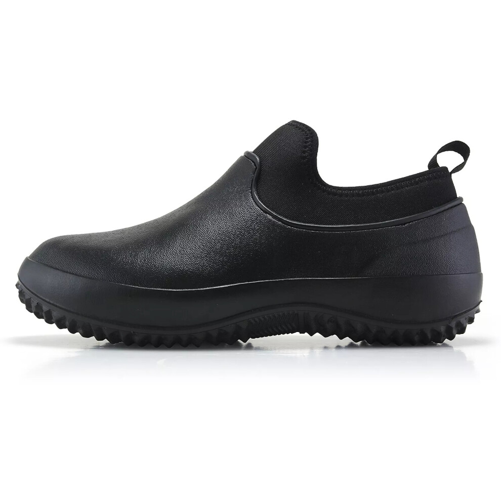 (All Black, UK Size 9(Men)=Tag Size 43 Man) Unisex Adults Chef Shoes Slip on Work Boots Mens Garden Waterproof Non Clogs