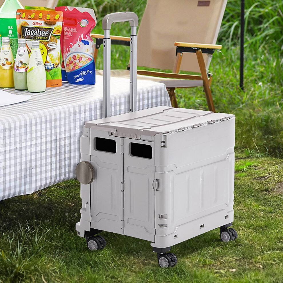 (01 White and Grey) 50L Collapsible Rolling Utility Crate Portable Handcart Shopping Trolley for Travel Shopping Moving Storage Office Use