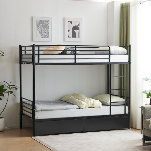 Twin Over Twin Bunk Bed with Two Storage Drawers & Guard Rail 1
