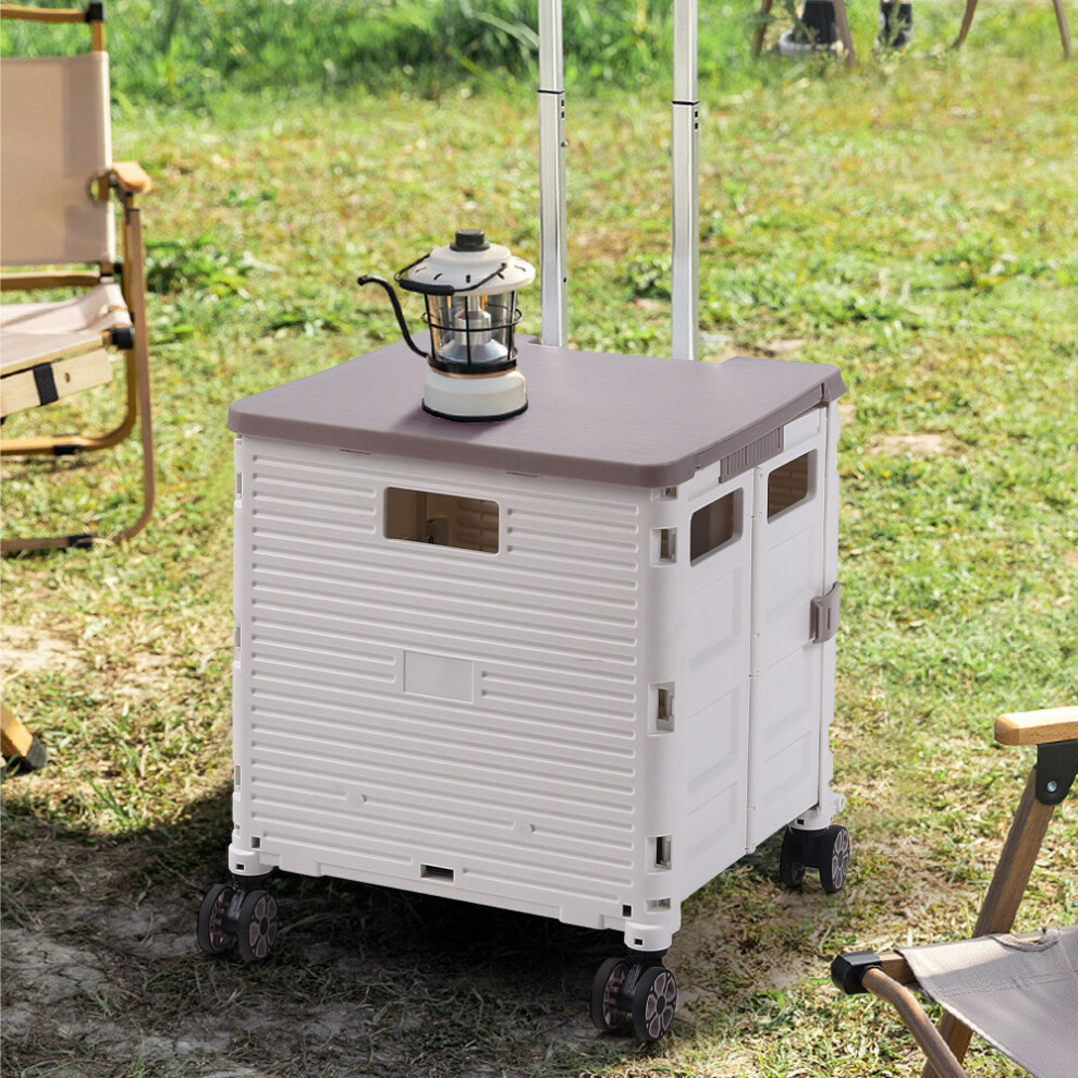 (White and Coffee) 55L Foldable Utility Crate Handcart Shopping Trolley Wheel Box with Magnetic Lid