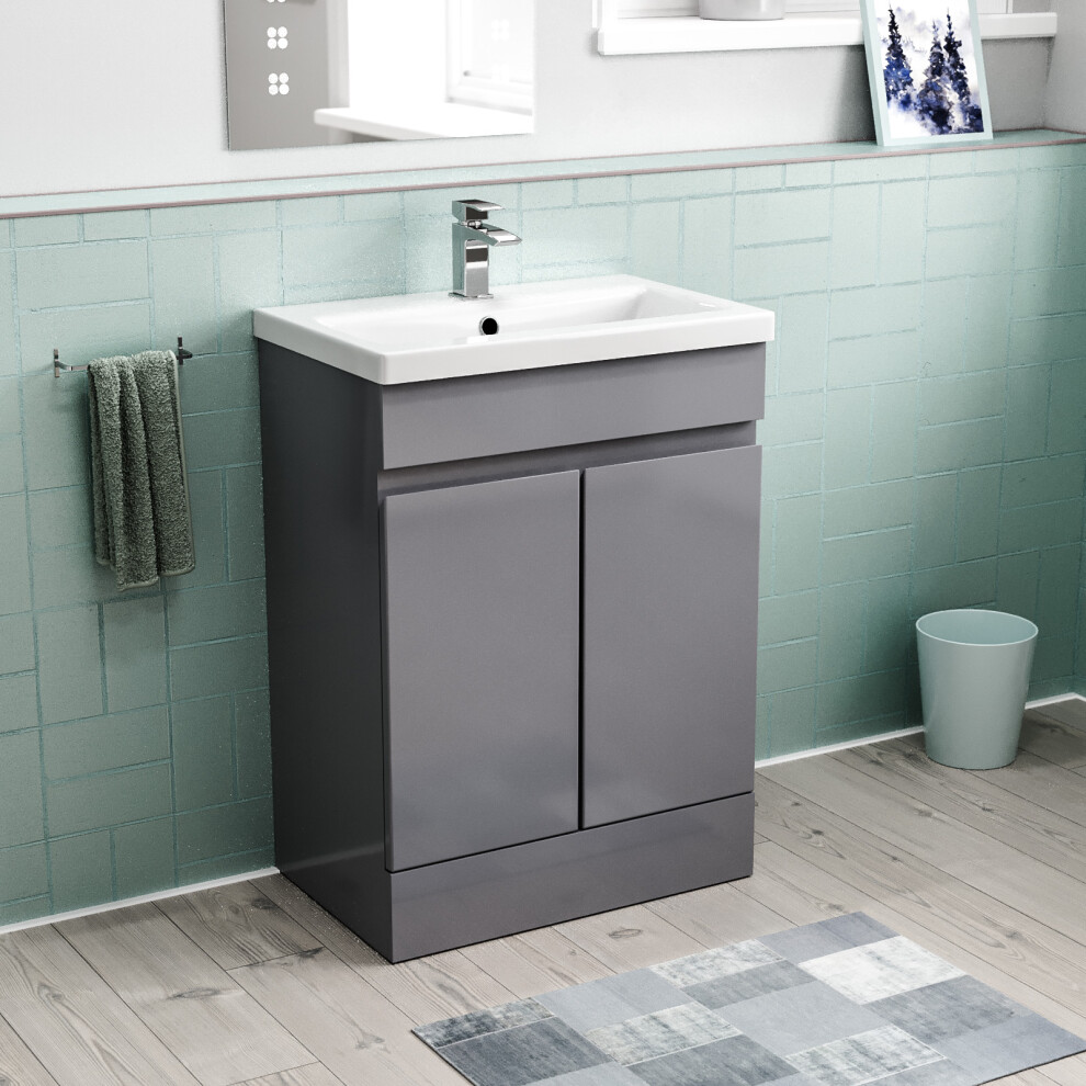 Nes Home Hinckley 600mm Freestanding Basin Vanity Unit 2 doors Steel grey Flat Pack