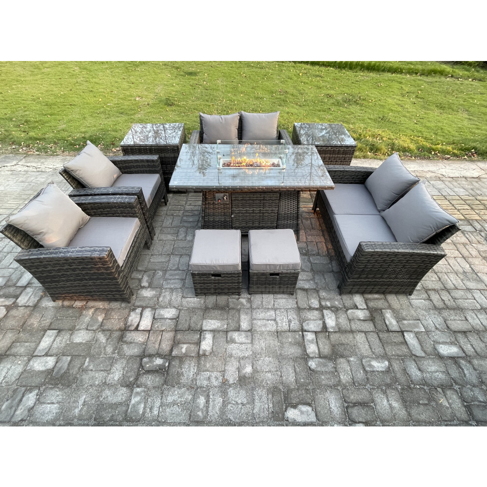 Rackhams Dark/Grey 9-Piece Wicker Rattan Outdoor Gas Fire Pit Dining Set | Sofa, 2 Footstools, 2 Side Tables | - Image 2