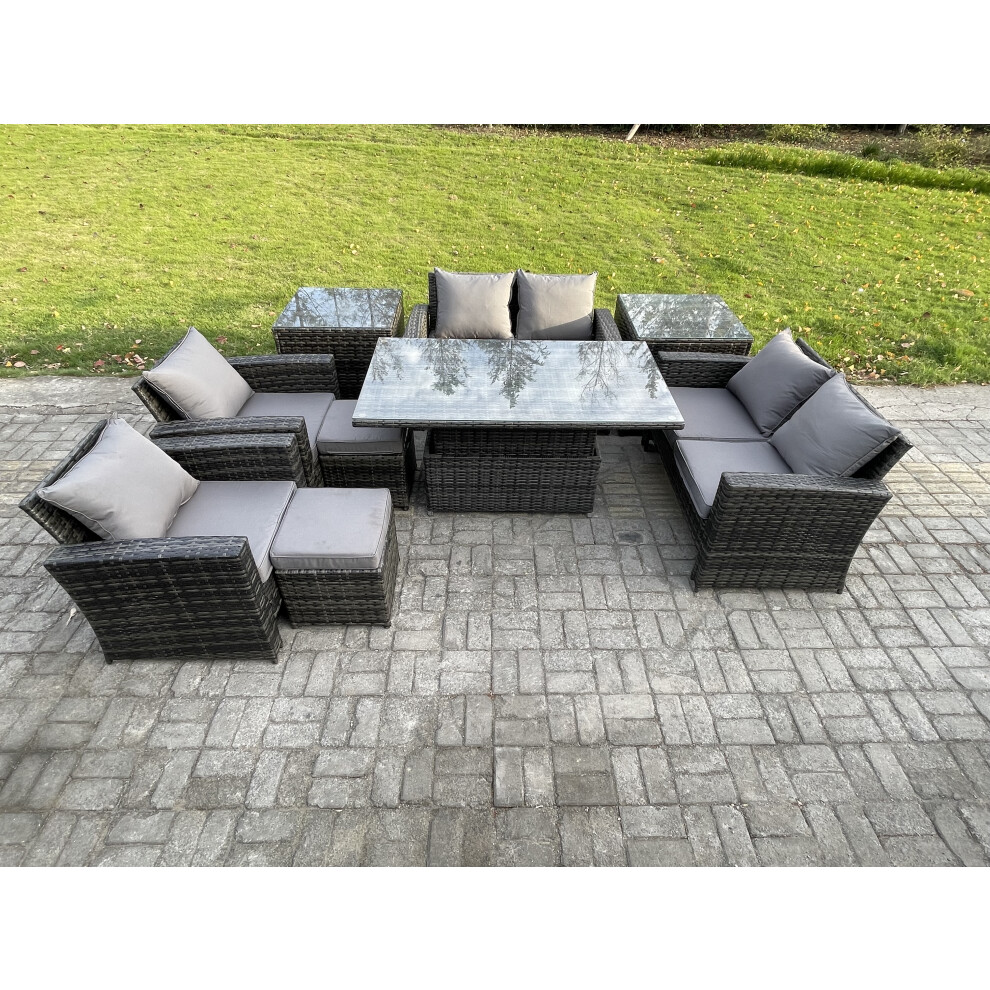 Fimous Unisex Dark Grey Outdoor Garden Furniture Sets 9 Pieces Wicker Rattan Furniture Sofa Dining Table Set With 2 Footstools 2 Side Table In Small - Image 2