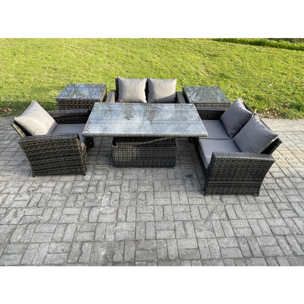 Fimous Unisex Dark Grey 6Pcs Rattan Outdoor Garden Furniture Set Height Adjustable Rising Lifting Table Sofa Dining Set With 2 Side Tables Mixed Size 6 - Image 2