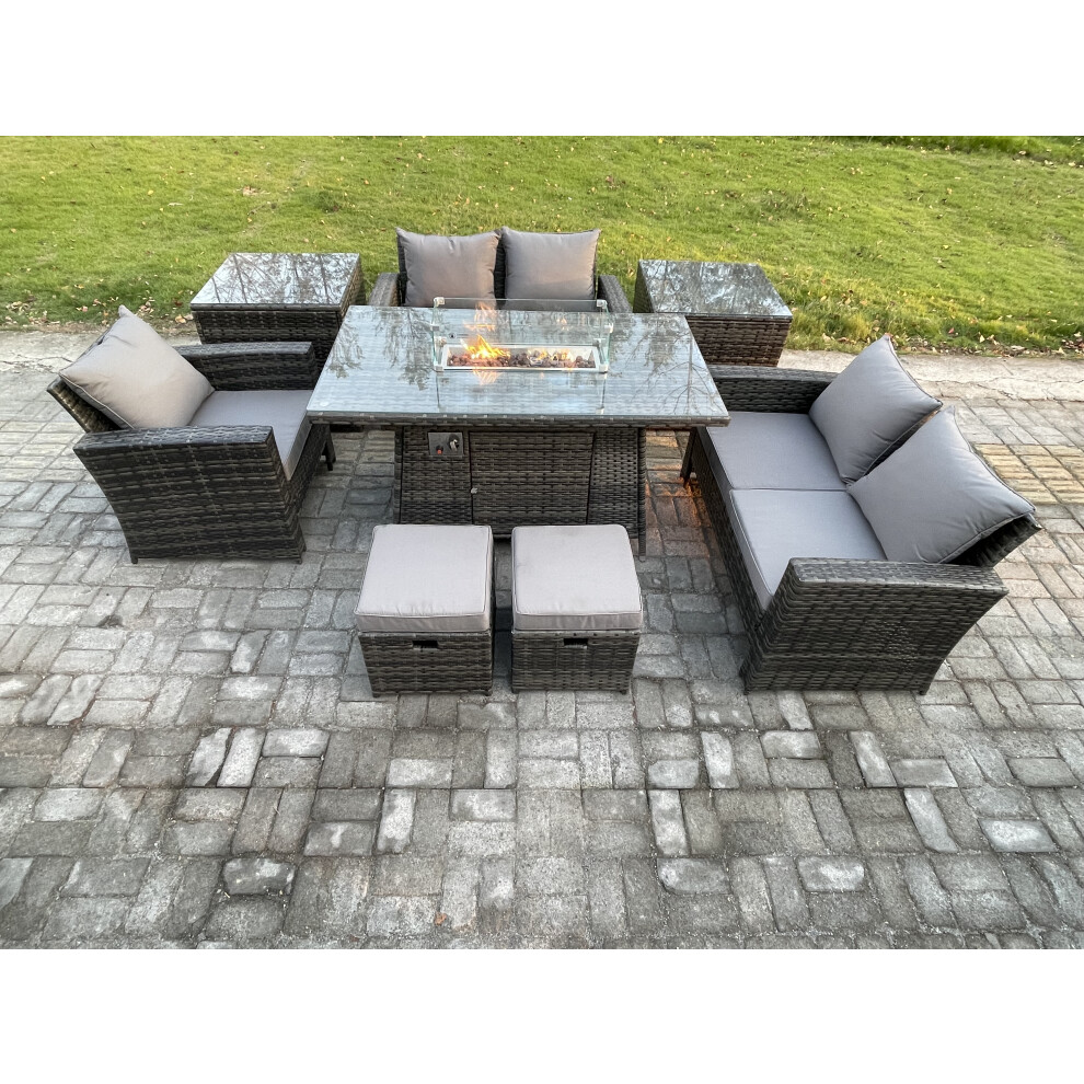 Fimous 7 Seater Rattan Outdoor Garden Furniture Gas Fire Pit Table Sets Gas Heater With Love Sofa Armchair 2 Small Footstools