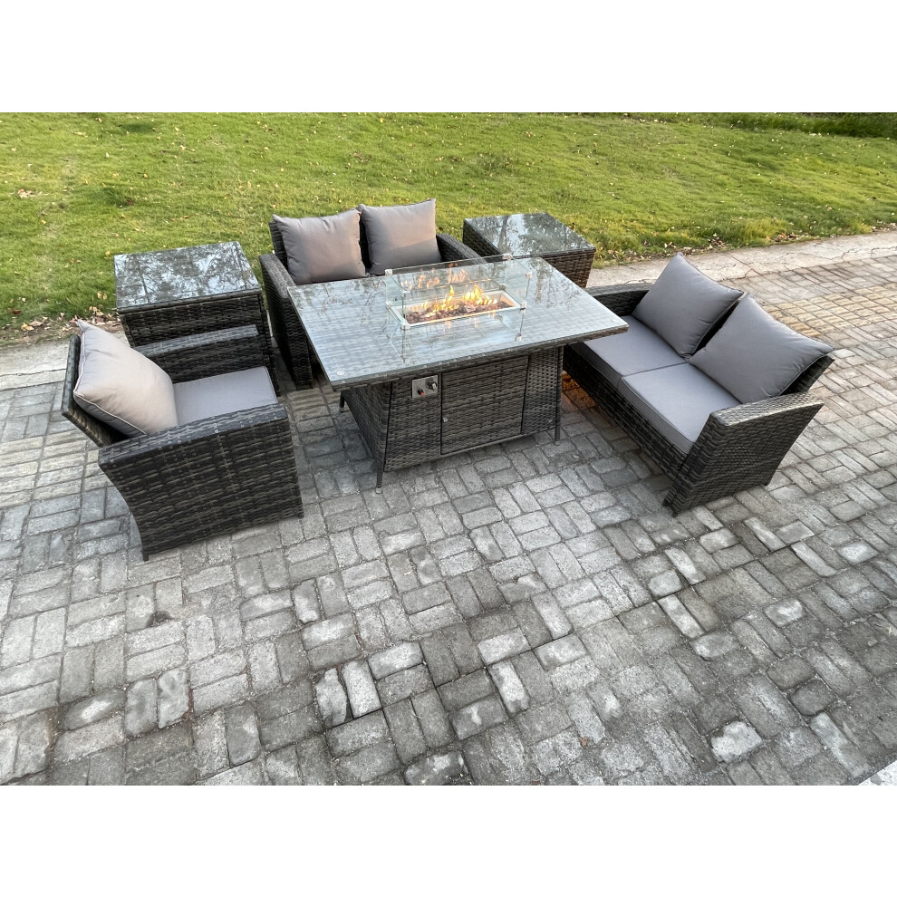 Rattan Outdoor Garden Furniture Gas Fire Pit Table Sets Gas Heater with Love Sofa Armchair 2 Side Tables 5 Seater