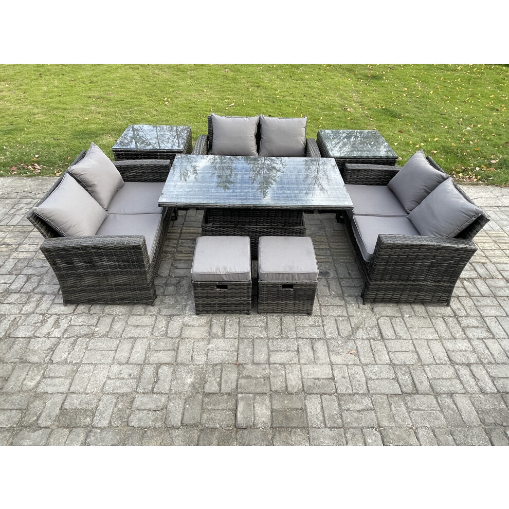Fimous Wicker Pe Rattan Garden Furniture Set Height Adjustable Rising Lifting Table Sofa Dining Set With Double Seat Sofa Grey