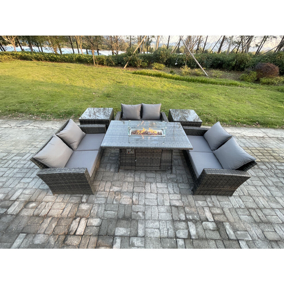 Fimous Dark/Grey High Back Rattan Garden Furniture Sofa Sets With Outdoor Furniture Gas Fire Pit Dining Table Set 2 Side Tables Mixed - Image 2