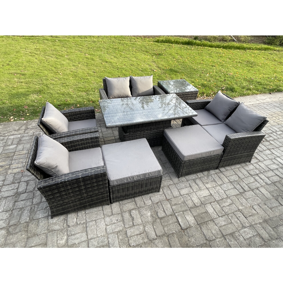 Fimous Dark/Grey Outdoor Garden Furniture Sets 8 Pieces Wicker Rattan Furniture Sofa Dining Table Set With 2 Big Footstool Side Table Mixed - Image 2