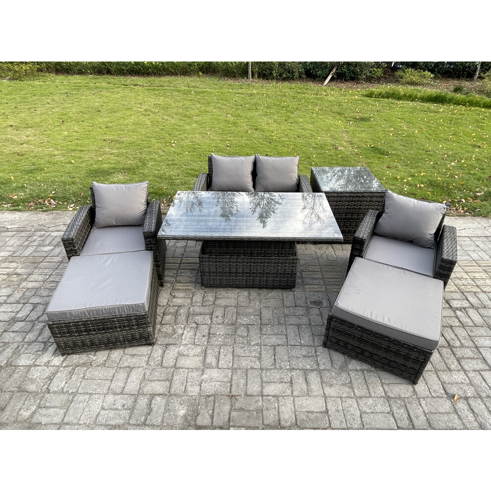 Fimous Dark/Grey High Back Rattan Garden Furniture Sofa Sets With Height Adjustable Rising Lifting Table Side Table 2 Big Footstool Mixed - Image 2