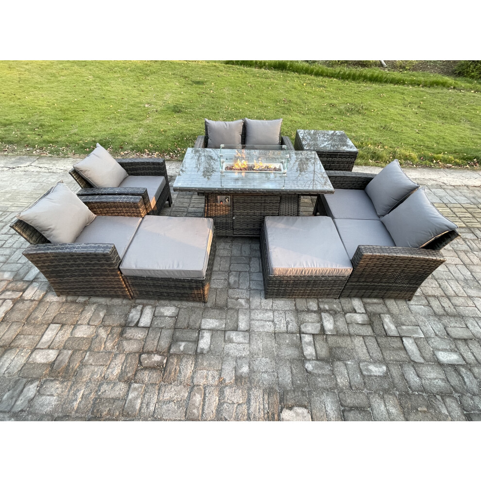 Fimous Dark/Grey 8-Piece Wicker Rattan Outdoor Gas Fire Pit Dining Set | Sofa, 2 Footstools, Side Table | - Image 2